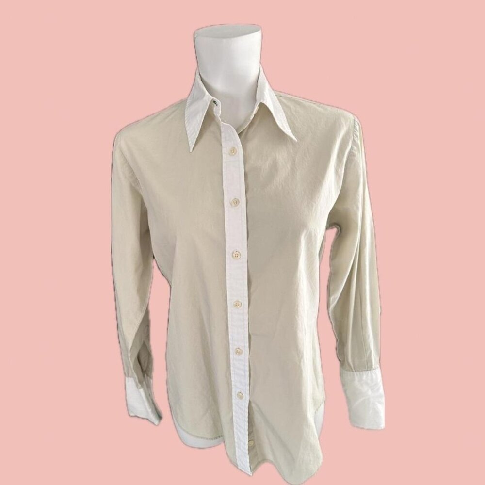 Tommy Hilfiger Preppy Contrast Beige & White Shirt – Fitted Classic Style (S)